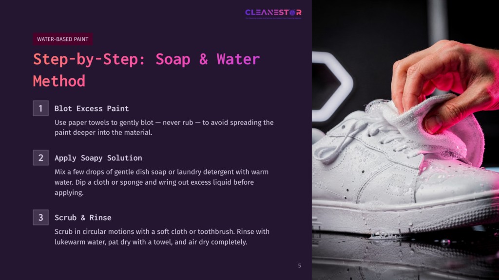 5 Step By Step Soap And Water Method White Sneakers With Paint Stains Beside A Dark Purple Background Featuring Cleaning Instructions In White Text.