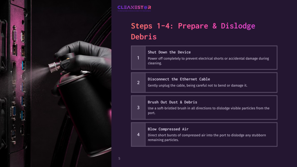 5 Steps 1 4 Prepare And Dislodge Debris Close-Up Of A Hand Spraying Compressed Air Into A Computer Port, With Text Overlay &Quot;Cleanestor Steps 1-4: Prepare &Amp; Dislodge Debris&Quot;.