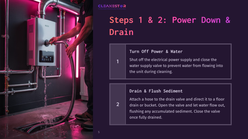 Tankless Water Heater With Connected Hose For Draining, Pipes In The Background, And Step-By-Step Instructions On Cleaning.
