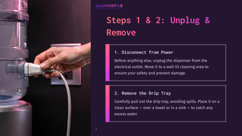 Close-Up Of A Hand Unplugging A Water Cooler Dispenser From An Electrical Outlet, With Text Overlay &Quot;Steps 1 &Amp; 2: Unplug &Amp; Remove&Quot;.