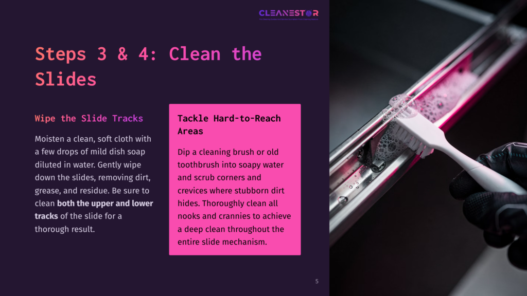 Close-Up Of A White Toothbrush With Pink Bristles Scrubbing A Shower Door Track, Creating Foamy Suds. The Track Is Made Of Silver Metal And Has Some Dirt And Grime Visible.