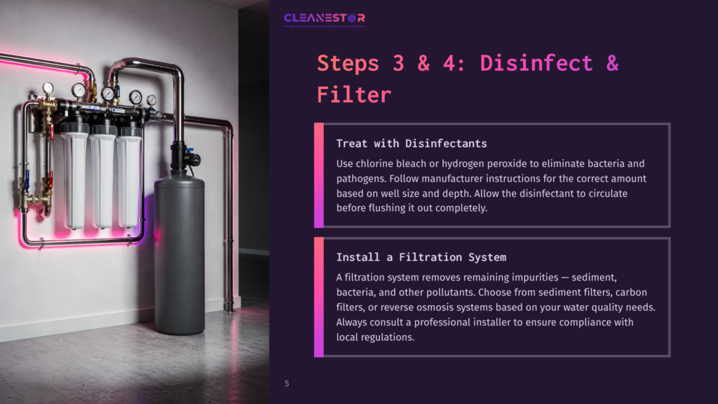 Cleanestor Logo And Text &Quot;Steps 3 &Amp; 4: Disinfect &Amp; Filter&Quot; With Instructions For Treating Water With Disinfectants And Installing A Filtration System. A Large, Multi-Stage Water Filtration System Is Shown In The Background.