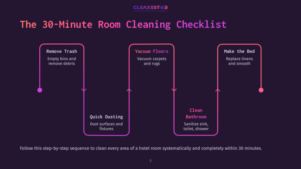 Checklist With Four Steps: Remove Trash, Vacuum Floors, Quick Dusting, Clean Bathroom, And Make The Bed. Dark Background With Pink Text.