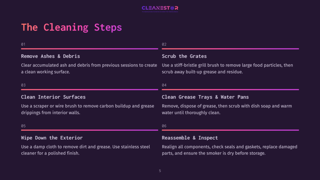 Text-Based Checklist Detailing Steps For Cleaning An Offset Smoker, With Purple Headings, Bullet Points, And Clear Instructions On Each Task.
