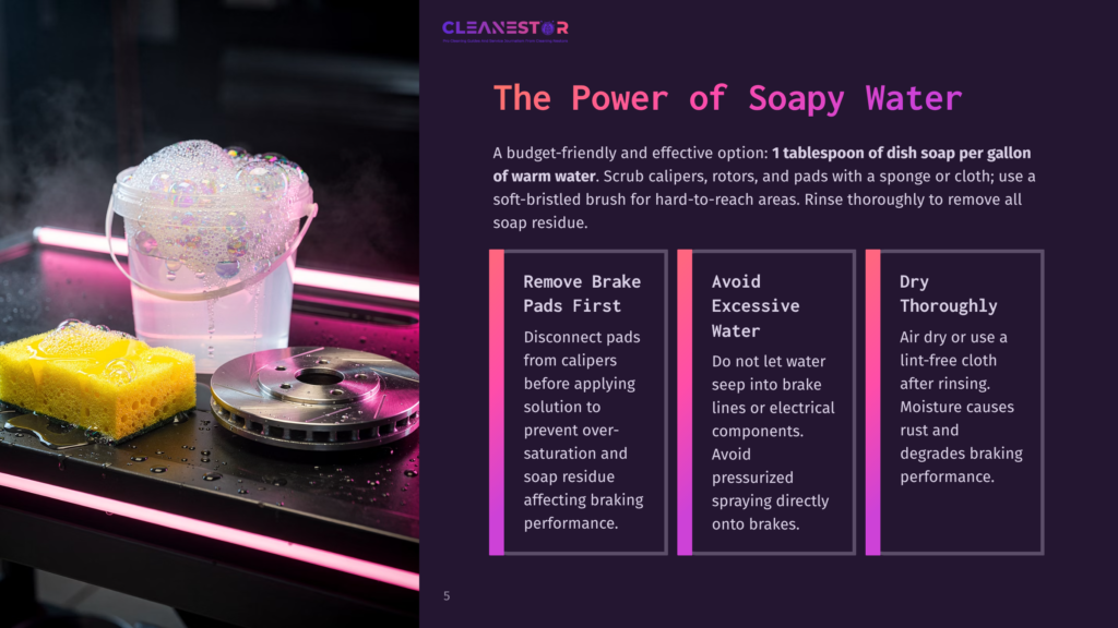 A Colorful Sponge Soaked In Soapy Water Sits Beside Brake Components On A Dark Work Surface, Highlighting A Cleaning Process.