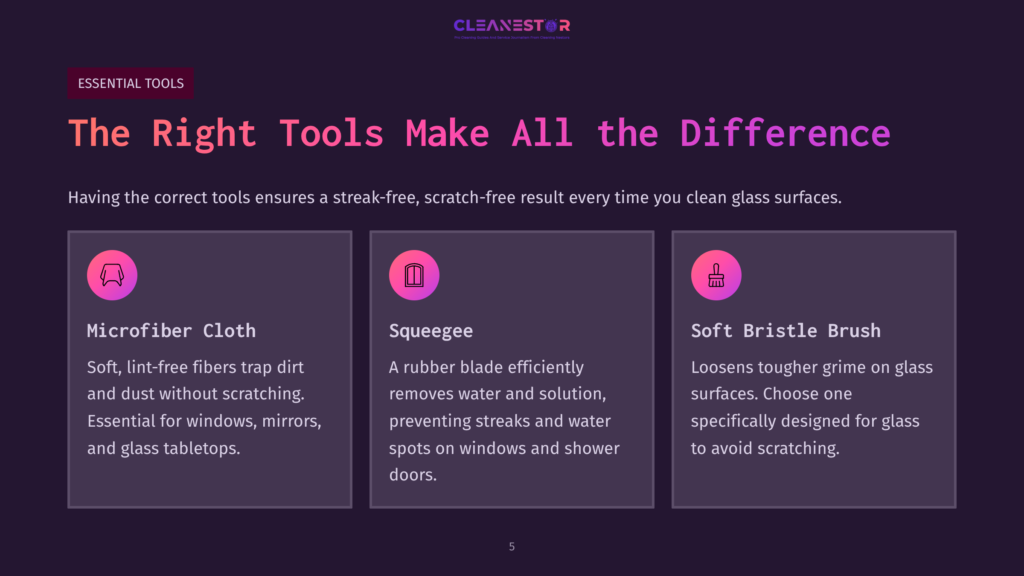 Infographic Featuring Essential Tools For Cleaning Glass: A Microfibre Cloth, Squeegee, And Soft Bristle Brush, With Descriptions And Icons.