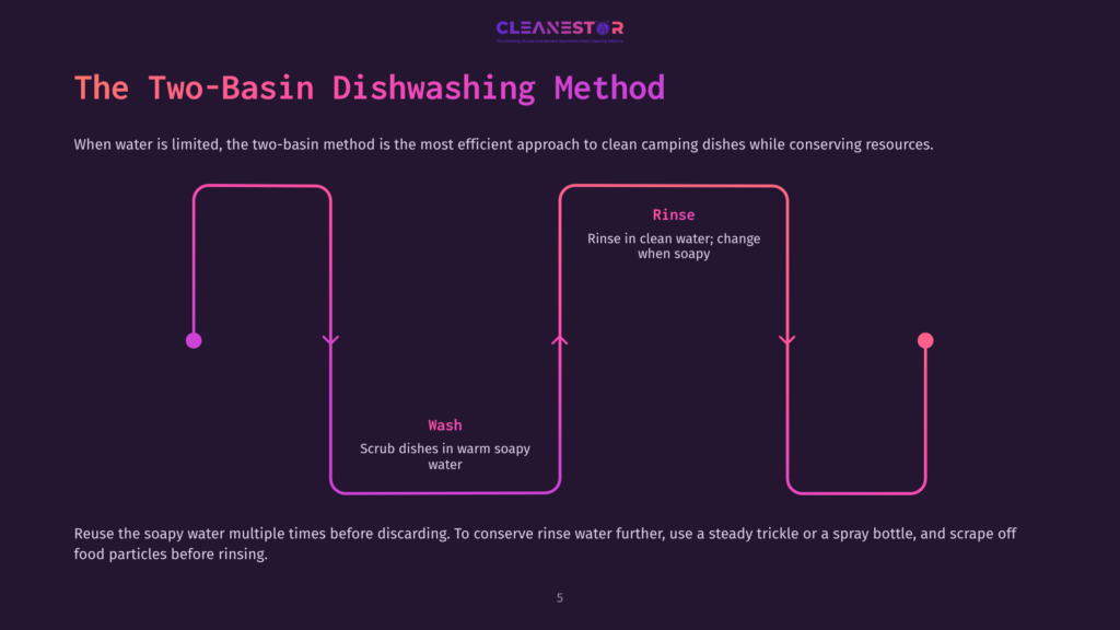 Flowchart Illustrating The Two-Basin Dishwashing Method, Featuring Arrows And Pink Accents On A Dark Background, Detailing Wash And Rinse Steps.