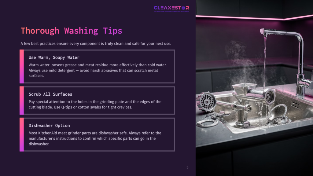 Kitchenaid Meat Grinder Parts Being Washed In A Sink With Running Water, With Text About Thorough Washing Tips.