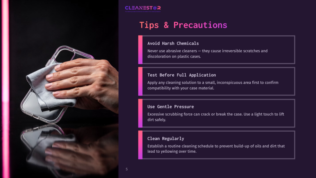 A Hand Holds A Microfiber Cloth While Cleaning A Transparent Phone Case. Text On The Side Lists Tips And Precautions For Cleaning.