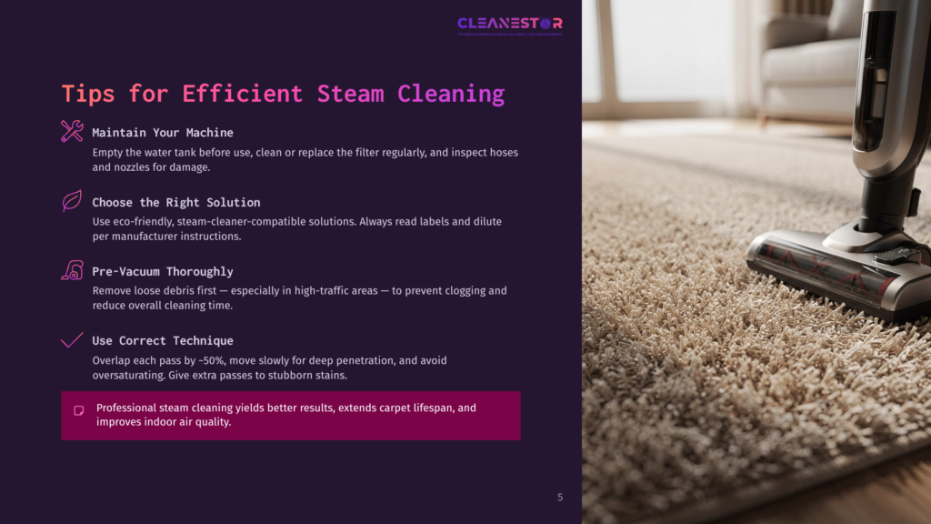 Close-Up Of A Steam Cleaner Head With Brushes Actively Cleaning A Plush, Beige Carpet. The Text Overlay Provides Tips For Efficient Steam Cleaning.