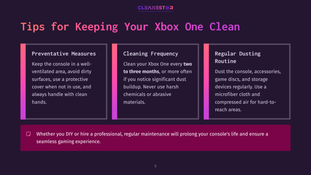5 Tips For Keeping Your Xbox One Clean Infographic Titled &Quot;Tips For Keeping Your Xbox One Clean&Quot; With Sections On Preventative Measures, Cleaning Frequency, And Regular Dusting Routine.