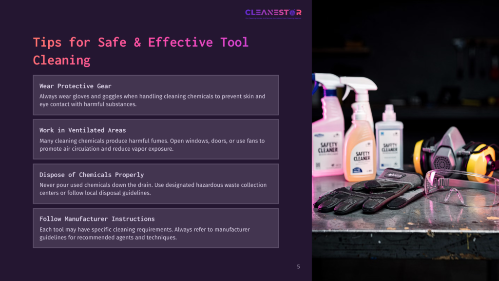Safety Cleaning Supplies And Personal Protective Equipment, Including Gloves, Goggles, And Respirators, Are Arranged On A Workbench Next To Cleaning Bottles Labeled &Quot;Safety Cleaner.