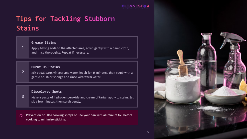 A Glass Jar Of White Powder And A Wooden Spoon, Next To A Spray Bottle And Sponge, On A Dark Purple Background With Cleaning Tips.