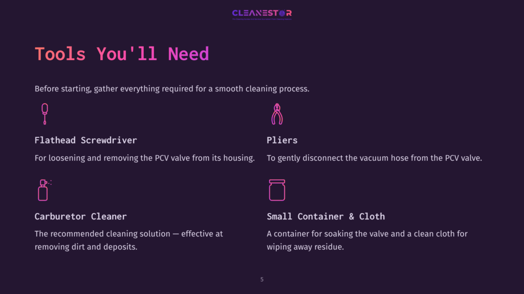 Illustration Of Tools For Cleaning A Pcv Valve: Flathead Screwdriver, Pliers, Carburetor Cleaner, Small Container, And Cloth On A Purple Background.