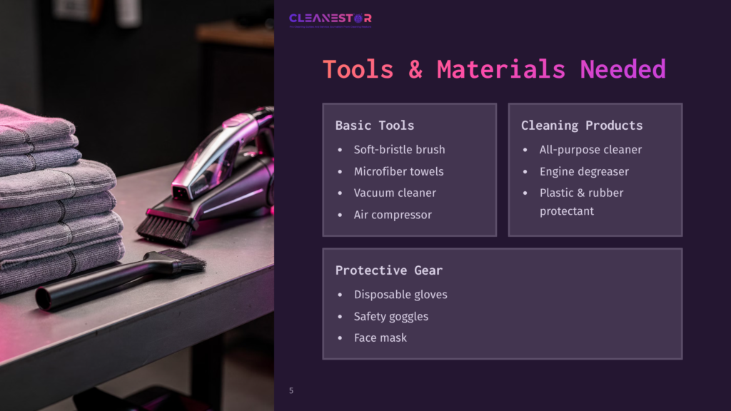 Cleanestor Logo And Text Listing Cleaning Tools And Materials, Including A Soft-Bristle Brush, Microfiber Towels, Vacuum Cleaner, Air Compressor, All-Purpose Cleaner, Engine Degreaser, Plastic &Amp; Rubber Protectant, Disposable Gloves, Safety Goggles, And Face Mask.
