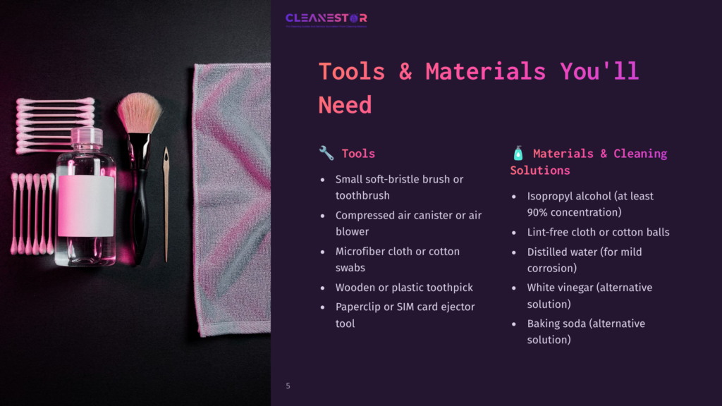5 Tools And Materials Youll Need 1 Visual Guide Featuring Tools And Materials For Cleaning, Including Brushes, Cloths, A Spray Bottle, And Cleaning Solutions, On A Dark Background.