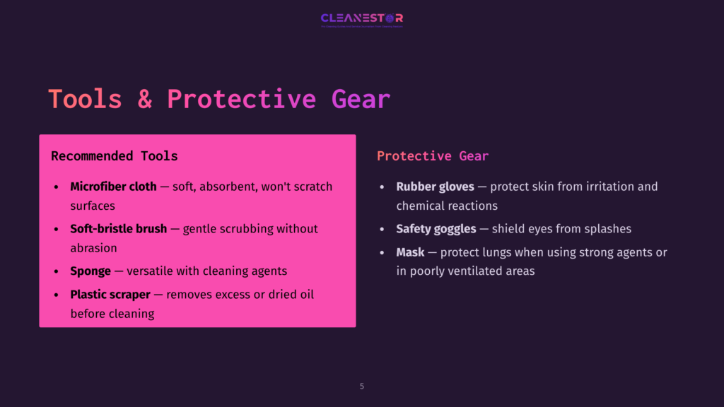 5 Tools And Protective Gear Dark Background With Purple Text Listing Recommended Tools For Cleaning: Microfiber Cloth, Soft-Bristle Brush, Sponge, And Plastic Scraper. Protective Gear Includes Rubber Gloves, Safety Goggles, And A Mask.