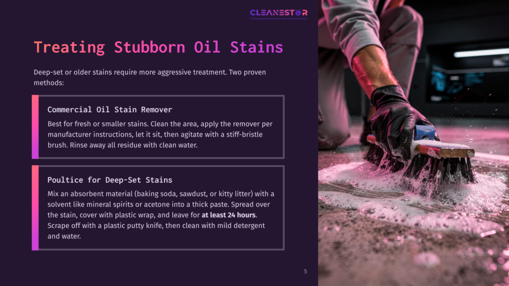 A Person In Black Gloves Vigorously Scrubs A Stained Concrete Floor With A Stiff-Bristled Brush, Creating A Lather Of Cleaning Solution. The Image Is From A Presentation Titled &Quot;Treating Stubborn Oil Stains.