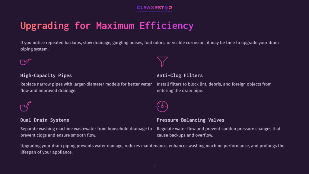 5 Upgrading For Maximum Efficiency Cleanestor Logo And Text: &Quot;Upgrading For Maximum Efficiency&Quot; With Details On High-Capacity Pipes, Anti-Clog Filters, Dual Drain Systems, And Pressure-Balancing Valves.
