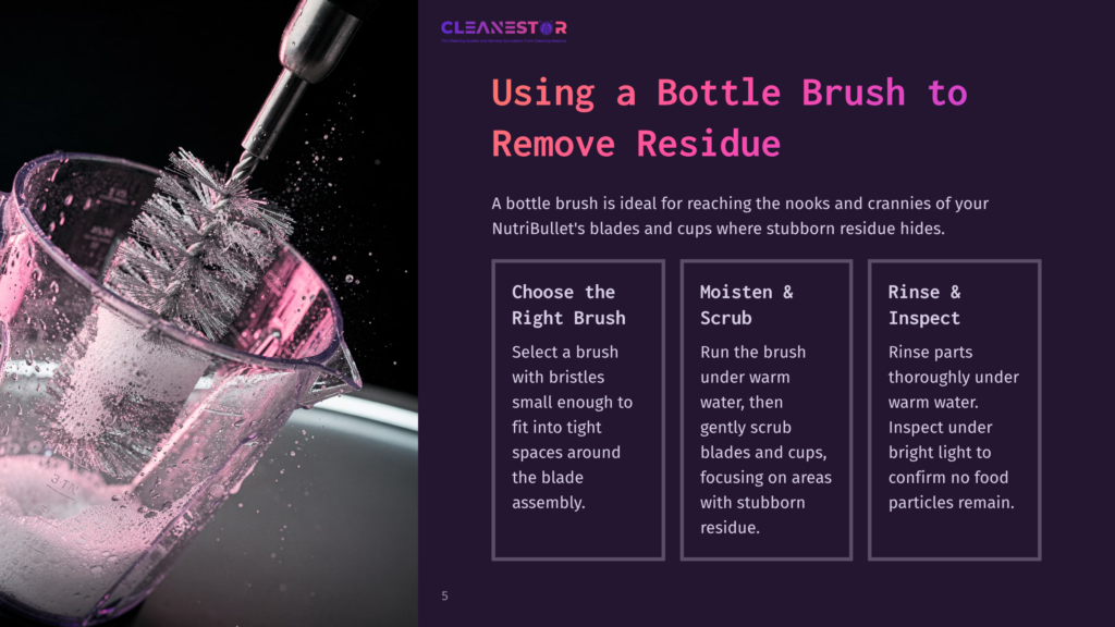 A Bottle Brush Scrubbing Inside A Cup Under Warm Water, With Text On The Left Outlining Cleaning Steps For Nutribullet Components.