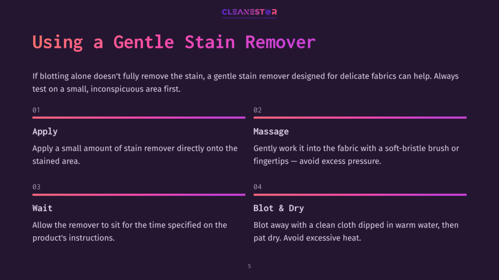 Infographic Titled &Quot;Using A Gentle Stain Remover&Quot; With Four Steps: Apply, Massage, Wait, And Blot &Amp; Dry, Detailing How To Use A Gentle Stain Remover On Delicate Fabrics.