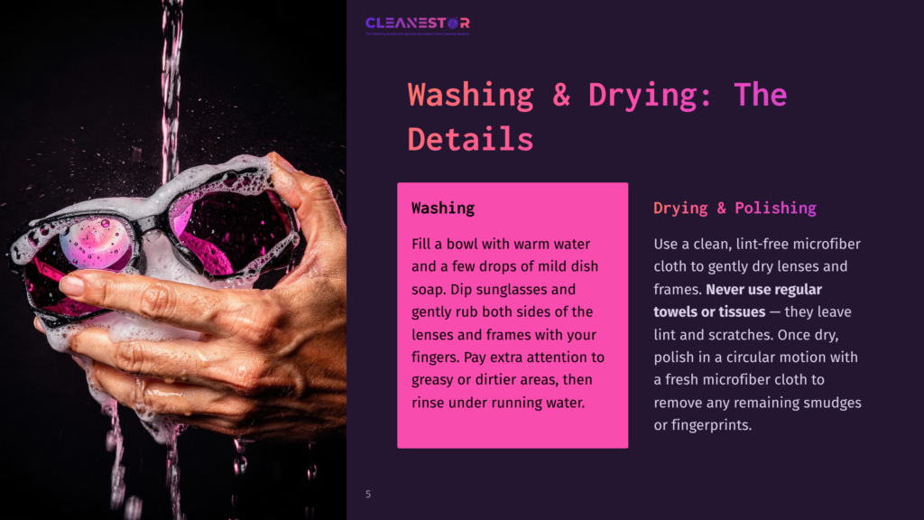 A Hand Holding Sunglasses Submerged In Soapy Water, With Pink Lenses, Splashing Water, Against A Purple Background.