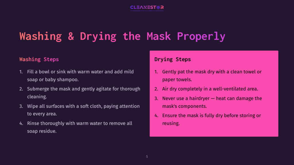 Instructions For Washing And Drying A Mask, With Steps Listed Under &Quot;Washing Steps&Quot; And &Quot;Drying Steps.&Quot; The Text Is On A Dark Purple And Bright Pink Background.