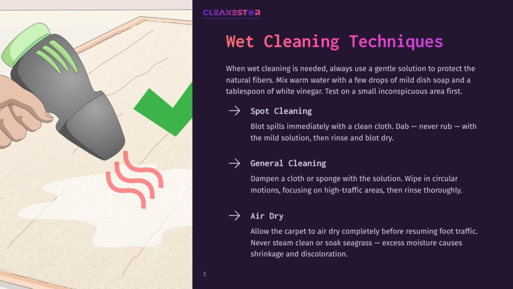 A Wet Cleaning Technique For Seagrass Carpet, Featuring A Spray Bottle, Cloth, And Instructions For Spot And General Cleaning.