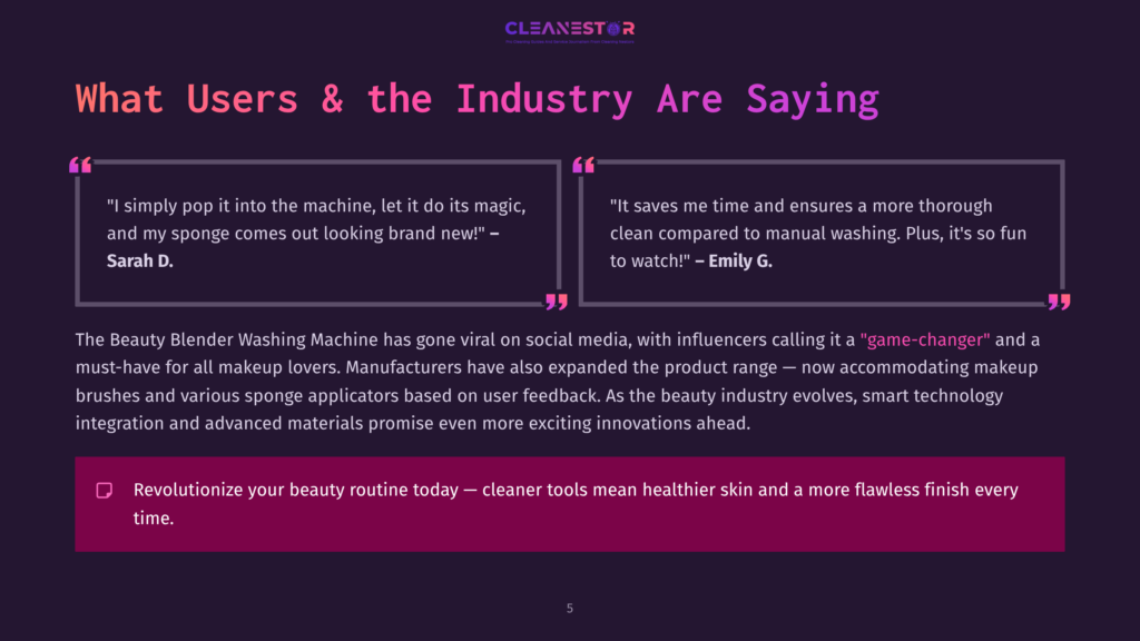 A Dark Purple Background With A Large Quote In White Text About A Beauty Blender Washing Machine. The Text Reads &Quot;What Users &Amp; The Industry Are Saying&Quot; And Features Two Testimonials.