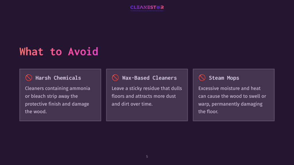 A Dark Purple Background With The Title &Quot;What To Avoid&Quot; In Large Pink Text. Three Boxes With Red &Quot;X&Quot; Icons List Cleaning No-Nos: &Quot;Harsh Chemicals,&Quot; &Quot;Wax-Based Cleaners,&Quot; And &Quot;Steam Mops.