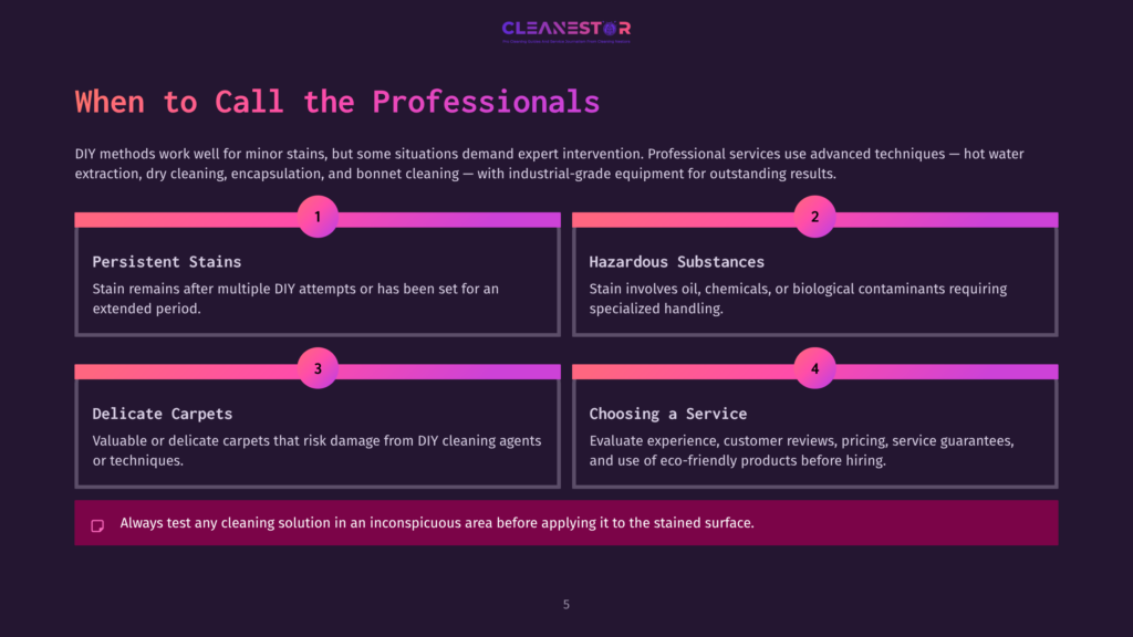 Infographic Titled &Quot;When To Call The Professionals&Quot; By Cleanestor, Detailing When To Seek Professional Cleaning Services For Persistent Stains, Hazardous Substances, Delicate Carpets, And Choosing A Service, With Tips For Carpet Care.