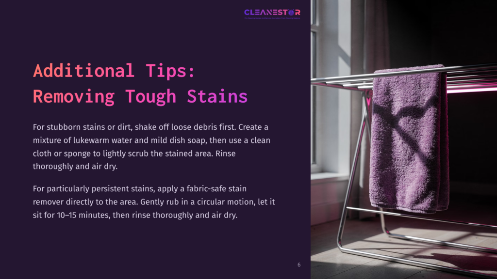 6 Additional Tips Removing Tough Stains A Purple Towel Hangs On A Chrome Drying Rack Next To A Window, With Text Overlay About Removing Tough Stains.