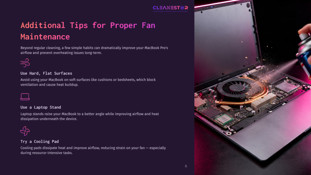 A Close-Up Of A Macbook Pro'S Internal Cooling Fan And Components, With A Dark Background Featuring Text Tips For Maintenance.