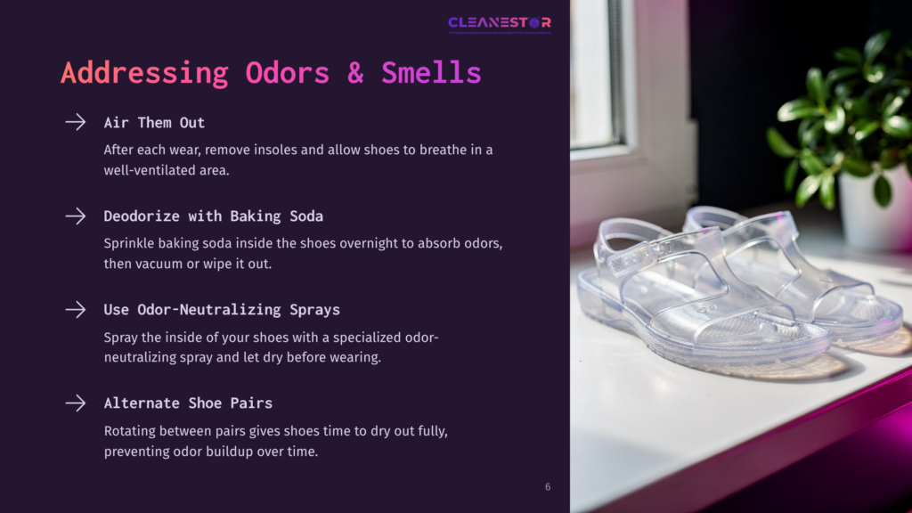 Clear Plastic Shoes Next To A Window, With Tips For Cleaning Them In A Purple And White Layout. Key Points Highlighted On The Left.