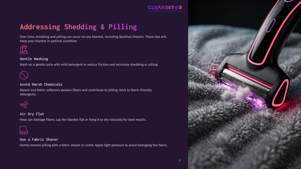 A Close-Up Of A Lint Roller On A Soft, Gray Blanket, With Text Outlining Tips For Cleaning And Preventing Pilling.