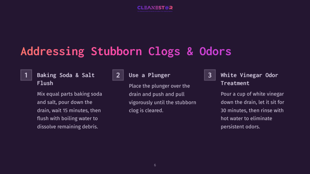 Illustration With A Dark Purple Background And White Text Outlining Steps To Address Stubborn Clogs And Odors, Featuring Numbered Instructions.