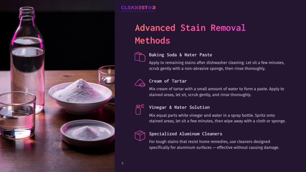 6 Advanced Stain Removal Methods A Bottle Of Water And Two Glasses Of Water Sit Next To Bowls Of White Powder, Likely Baking Soda, And A Small Bowl Of Cream Of Tartar. Text On The Right Lists &Quot;Advanced Stain Removal Methods&Quot; Including Baking Soda &Amp; Water Paste, Cream Of Tartar, And Vinegar &Amp; Water Solution.