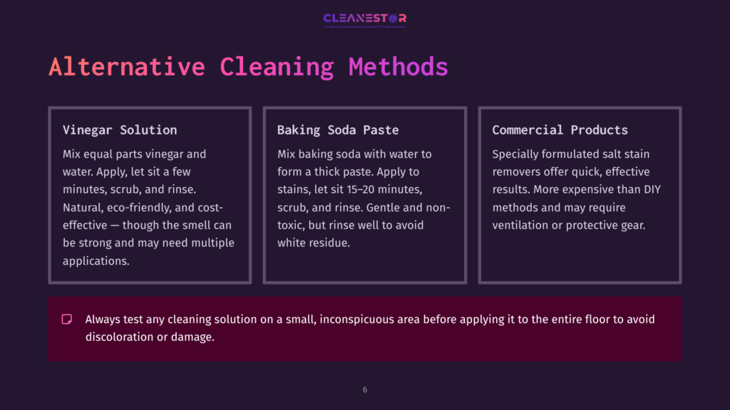 6 Alternative Cleaning Methods Text On A Dark Purple Background Outlines Three Cleaning Methods: Vinegar Solution, Baking Soda Paste, And Commercial Products, With Instructions.