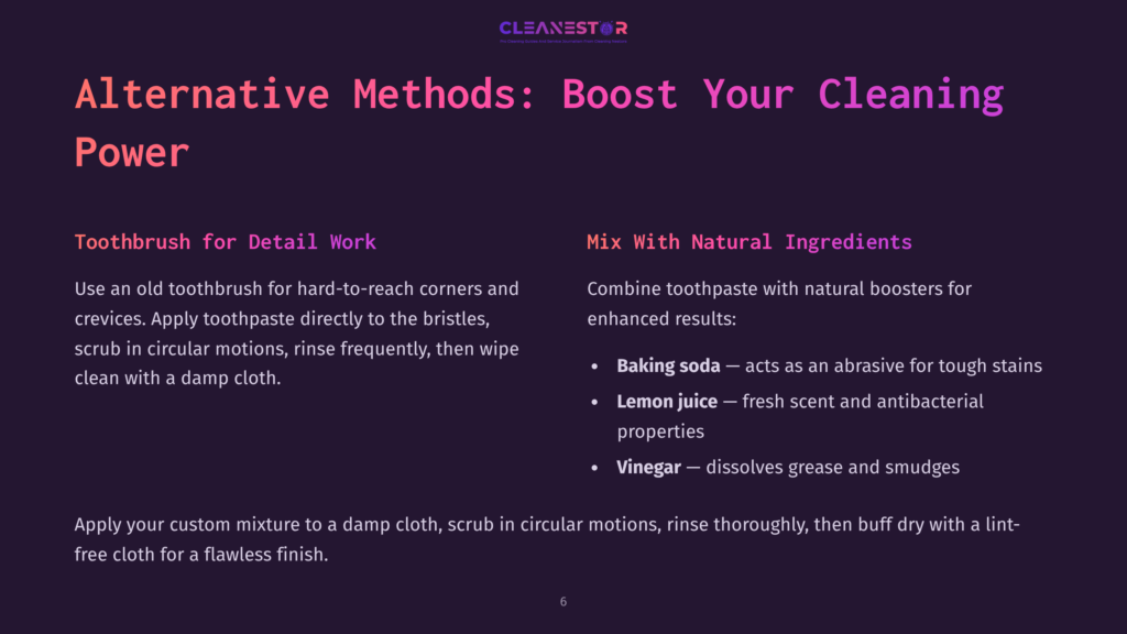 On A Dark Background, Text Outlines Alternative Cleaning Methods For Mirrors, With Sections Highlighting Toothpaste And Natural Ingredients.