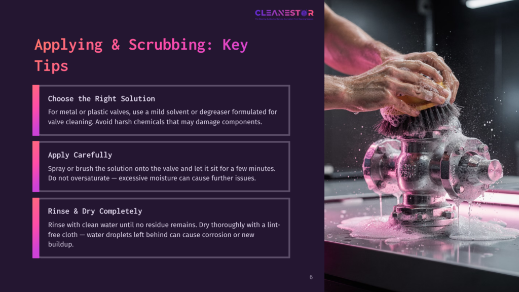 Hands Scrub A Shiny Metal Valve With A Brush, Creating Suds. The Image Features Text: &Quot;Cleanestor&Quot;, &Quot;Applying &Amp; Scrubbing: Key Tips&Quot;, And Cleaning Instructions.