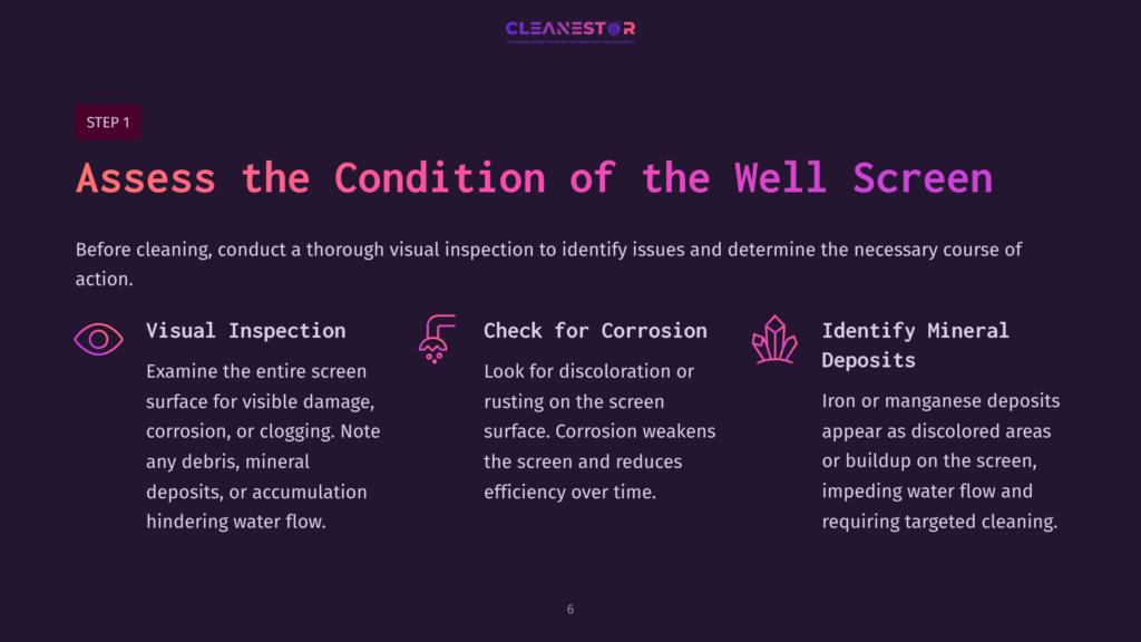 Instructional Graphic Featuring Purple Text Detailing Steps To Assess A Well Screen'S Condition, With Clear, Structured Bullet Points.