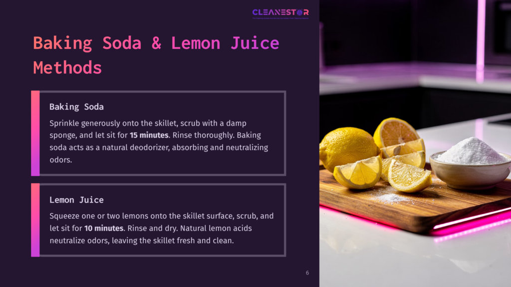 A Wooden Cutting Board Holds A Halved Lemon, Lemon Wedges, And A Bowl Of Baking Soda, Illustrating Cleaning Methods For Skillets.