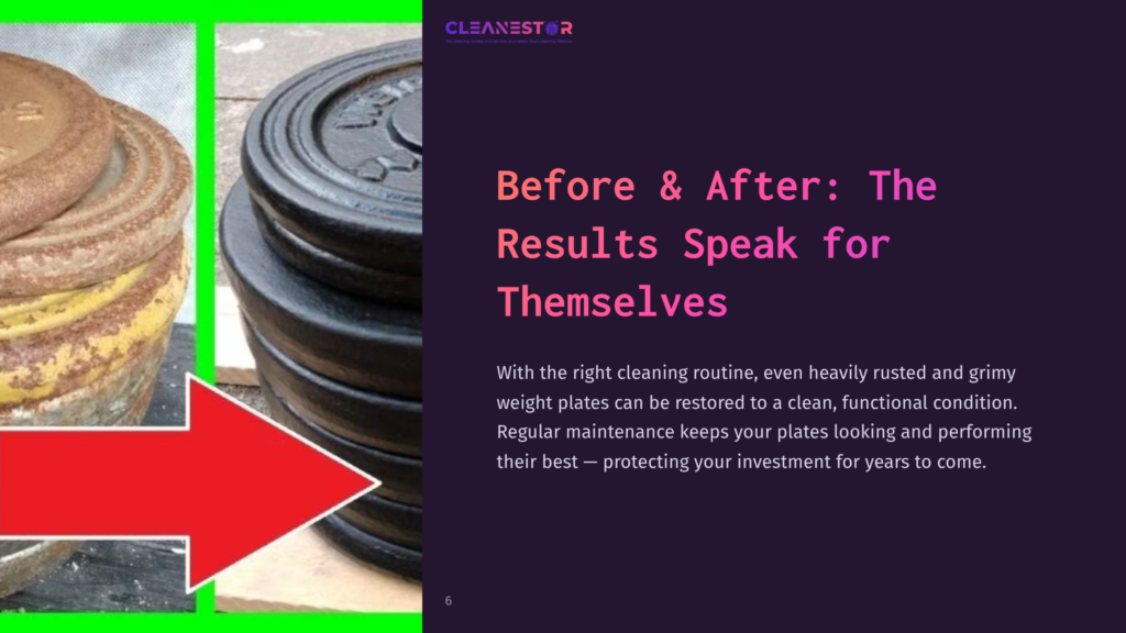 Before-And-After Comparison Of Metal Weight Plates, Showing A Stack Of Rusted Plates On The Left And Clean, Shiny Plates On The Right.