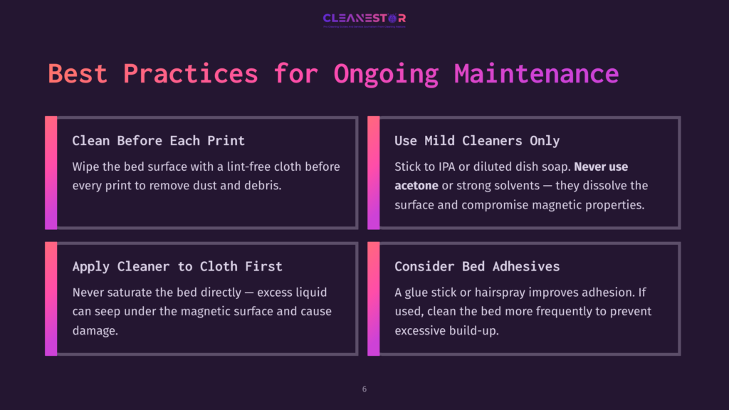 Clean Nestor Logo At The Top Of A Dark Purple Slide With Four Content Boxes Detailing Best Practices For Ongoing Maintenance Of 3D Printer Beds, Including Cleaning, Mild Cleaners, Applying Cleaner To Cloth First, And Considering Bed Adhesives.