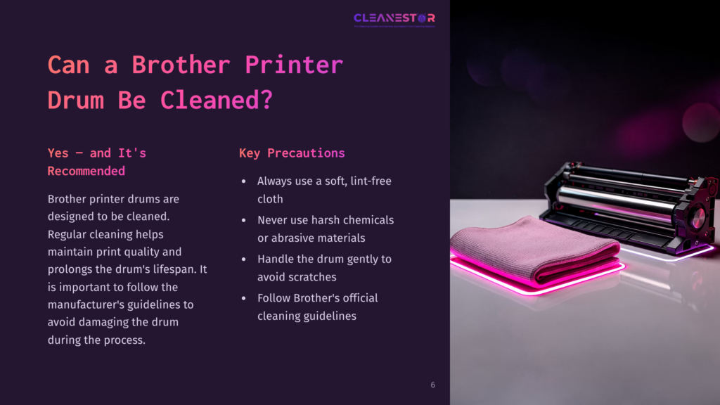 6 Can A Brother Printer Drum Be Cleaned Brother Printer Drum Cleaning Advice: A Pink Microfiber Cloth Rests On A Brother Printer Drum Unit, Both Illuminated By Pink Neon Lights, With Text About Cleaning Brother Printer Drums.
