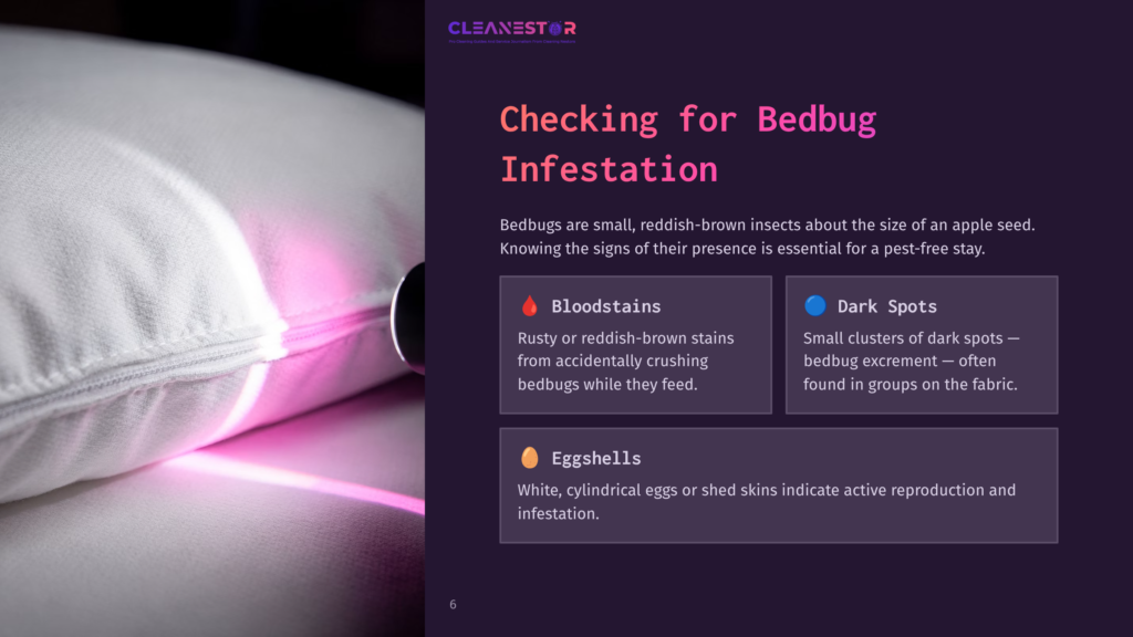 6 Checking For Bedbug Infestation Close-Up Of A White Pillow With A Pink Zipper, Illuminated By A Pink Light. Text Overlay Reads &Quot;Cleanestor&Quot; And &Quot;Checking For Bedbug Infestation&Quot; With Sections On &Quot;Bloodstains&Quot;, &Quot;Dark Spots&Quot;, And &Quot;Eggshells&Quot;.