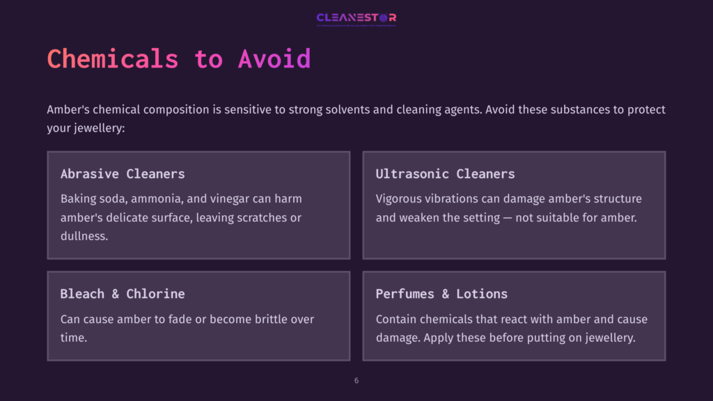 Four Warning Sections On A Dark Background, Each With Icons, Listing Cleaning Agents Harmful To Amber Jewellery.