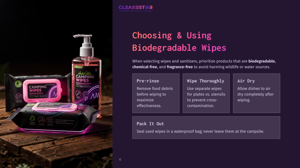 A Bottle Of Cleanestor Camping Wipes And A Pack Of Camping Wipes Sit On A Wooden Surface, With The Text &Quot;Cleanestor Camping Wipes Biodegradable&Quot; Visible.