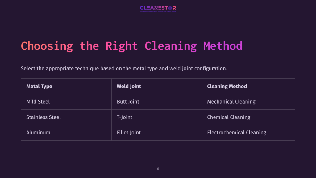 Table Showing Recommended Cleaning Methods For Different Metal Types And Weld Joints, Including Mild Steel, Stainless Steel, And Aluminum, With Cleaning Methods Like Mechanical And Electrochemical Cleaning.