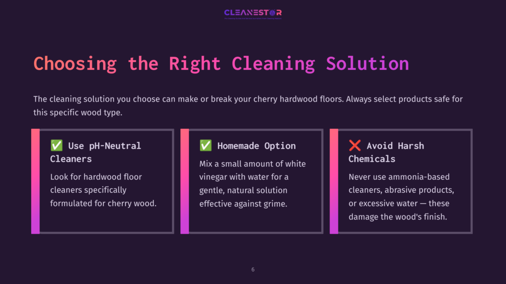 Graphic Featuring Three Sections: Green Box For Neutral Cleaner, Pink Box For Homemade Solution With Vinegar, And Red Box Warning Against Harsh Chemicals.